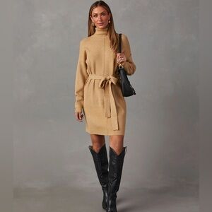 VICI Marsella Tie Waist Mini Sweater Dress - Beige/ Camel